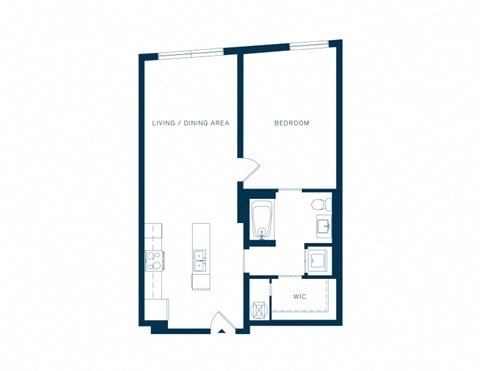 Floor plan for 1 bed, 1 bath, 727 sqft
